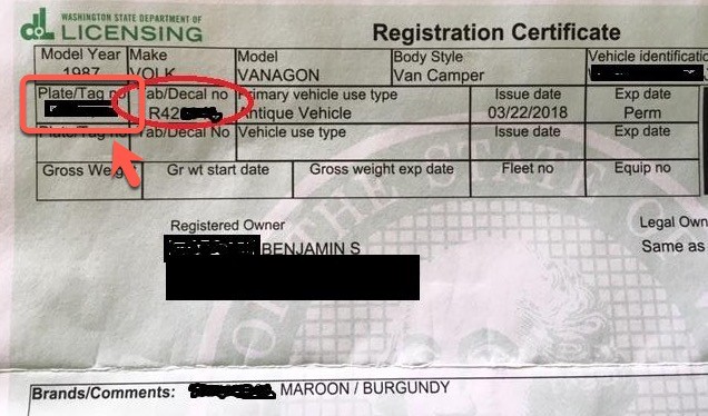 Washington State Vehicle Registration Certificate