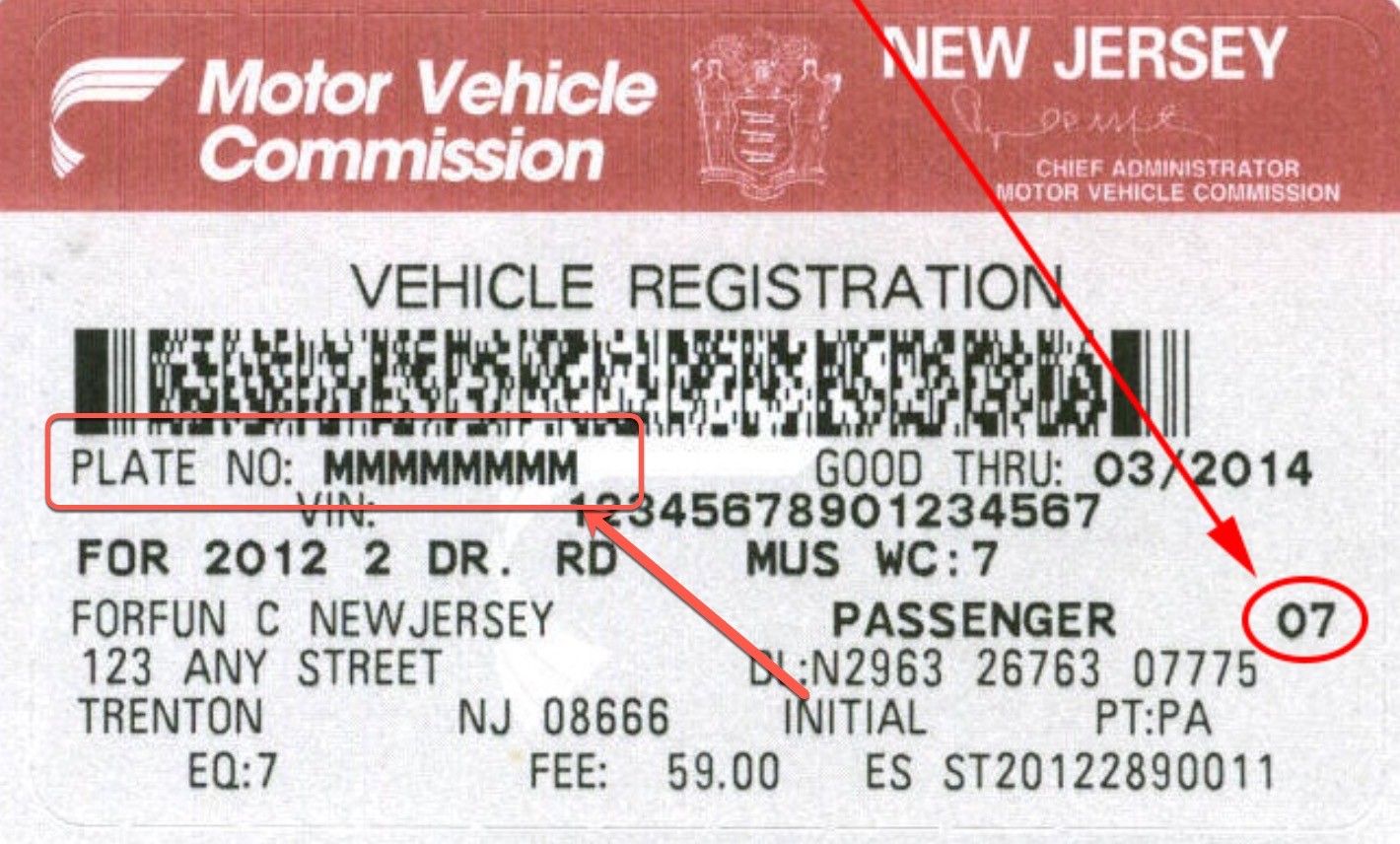 New Jersey vehicle registration card