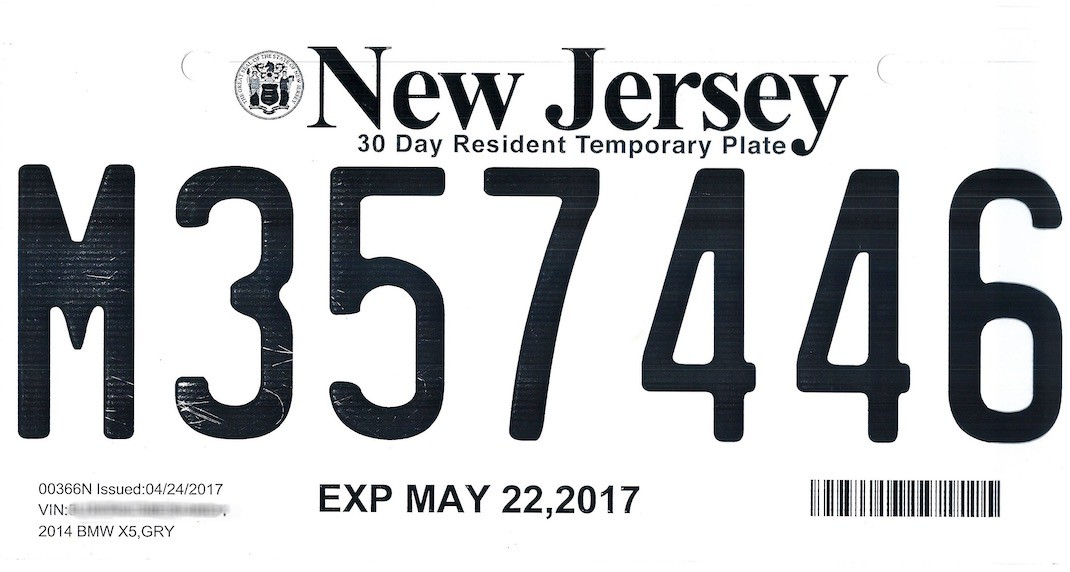 New Jersey Temporary license plate