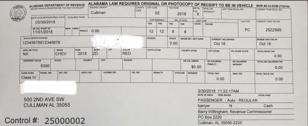 alabama vehicle registration tag