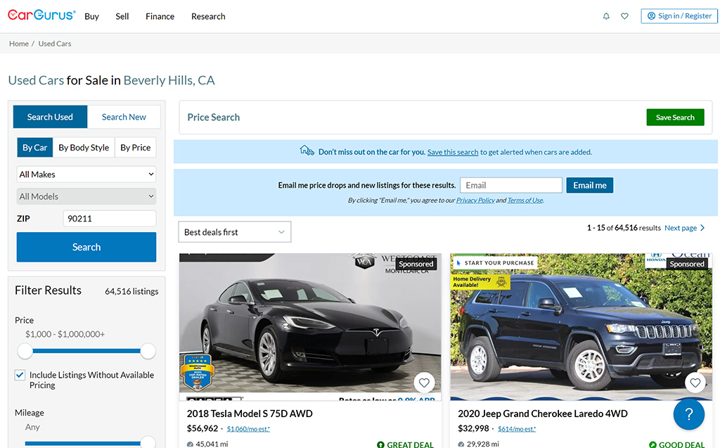 Screenshot of the Cargurus website.