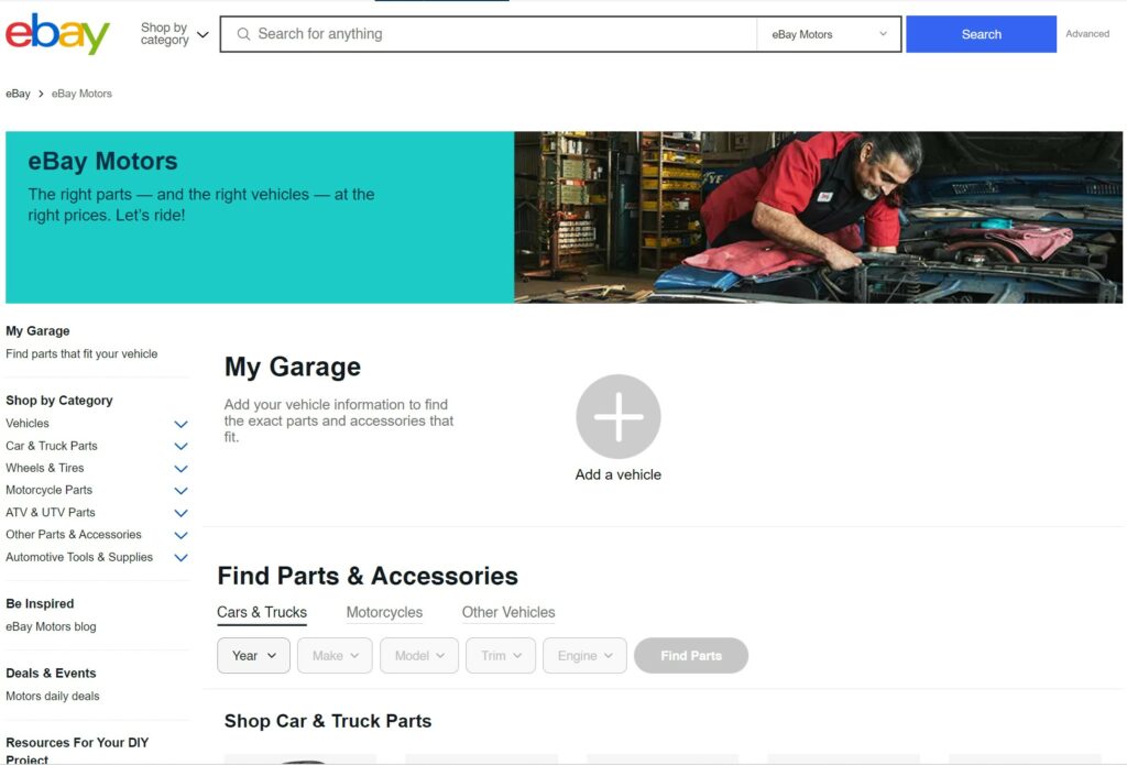 Screen shot of the eBay motors section of the eBay website.