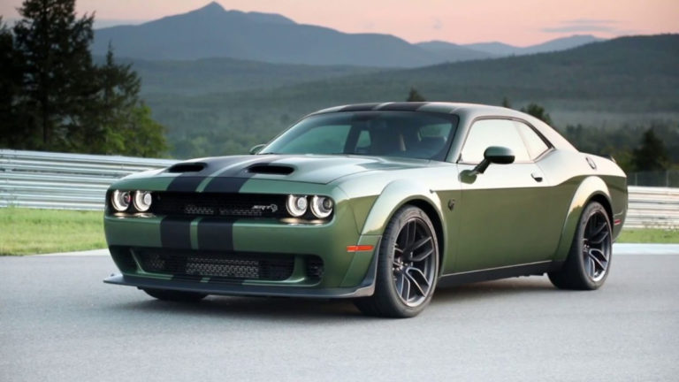 An army green 2022 Dodge Challenger RT car with a V8 engine.