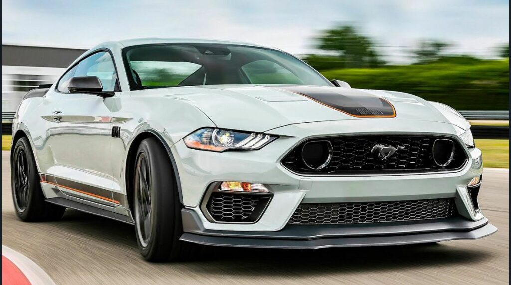 A white 2022 Ford Mustang GT.