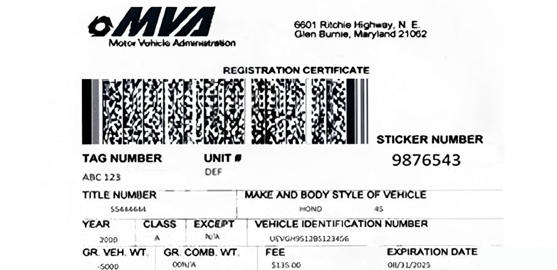 A maryland vehicle registration certificate
