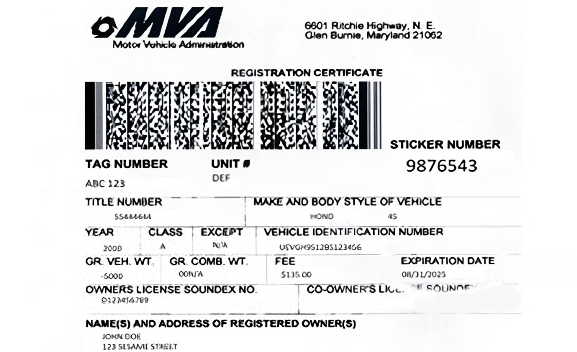 A maryland vehicle registration certificate