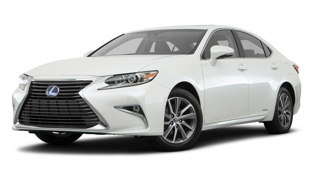 A white 2018 Lexus ES set against a blank, white background.