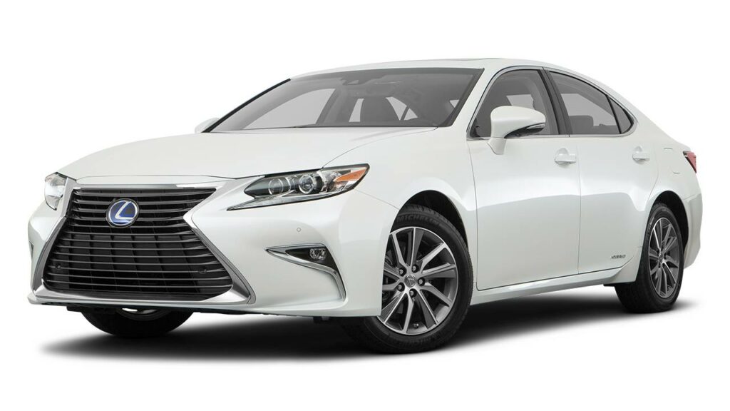 A white 2018 Lexus ES set against a blank, white background. 