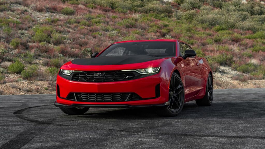 A parked red Chevrolet Camaro