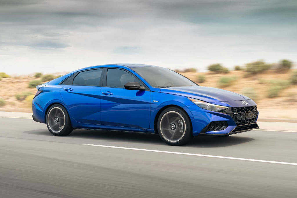 A blue 2022 Hyundai Elantra on the road.