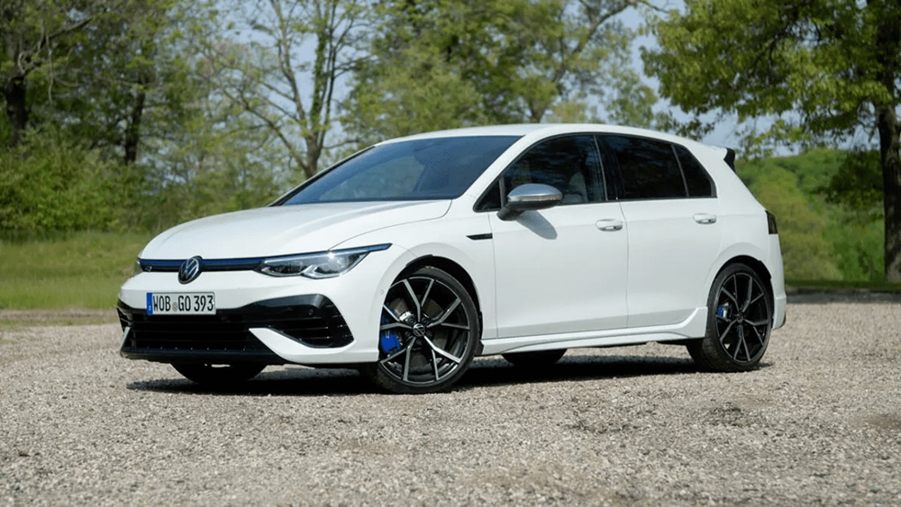 A parked white Volkswagen Golf R