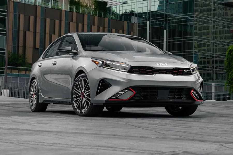 A parked grey 2022 Kia Forte GT.