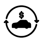 car market value icon of a car with a dollar sign on top of it, and two arrows going around them in a circle
