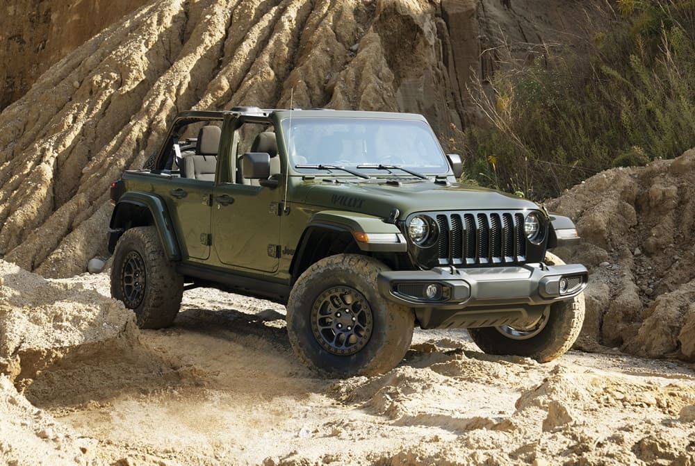 A parked dark green 2022 Jeep Wrangler