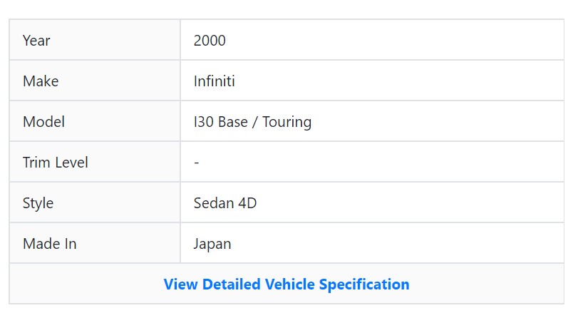 vehicle specification section in vinfreecheck's vehicle history report