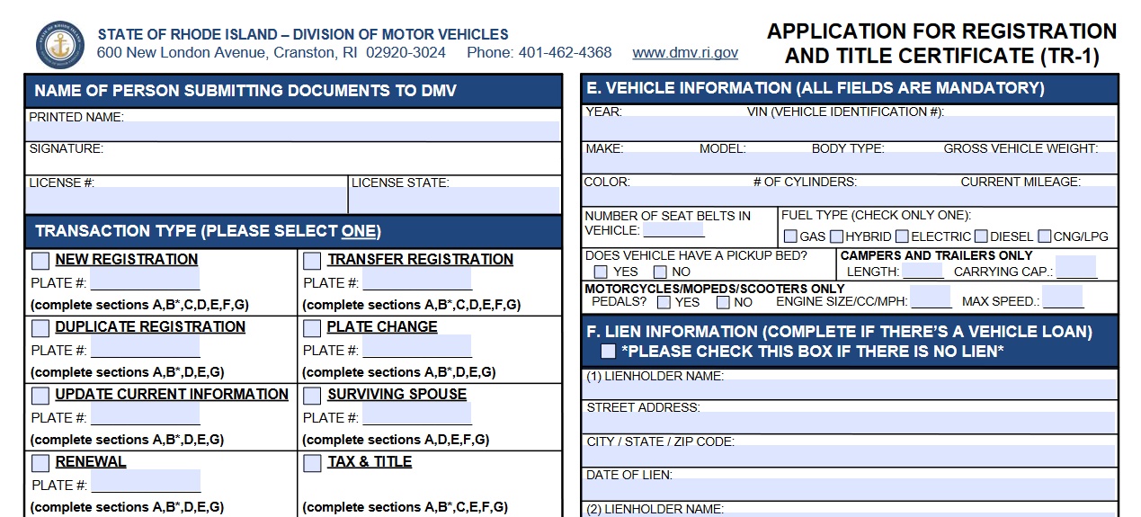 Rhode Island vehicle registration form