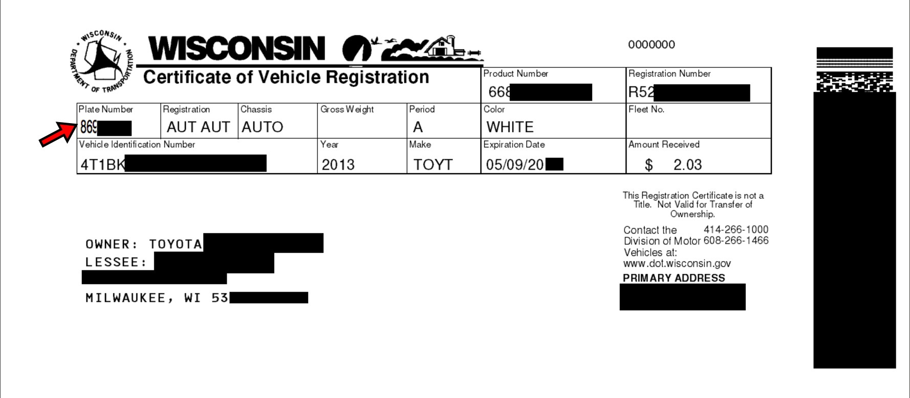 Wisconsin certificate of vehicle registration