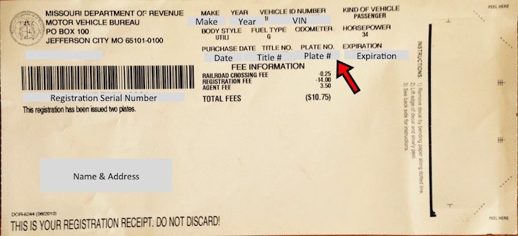 Missouri vehicle registration receipt