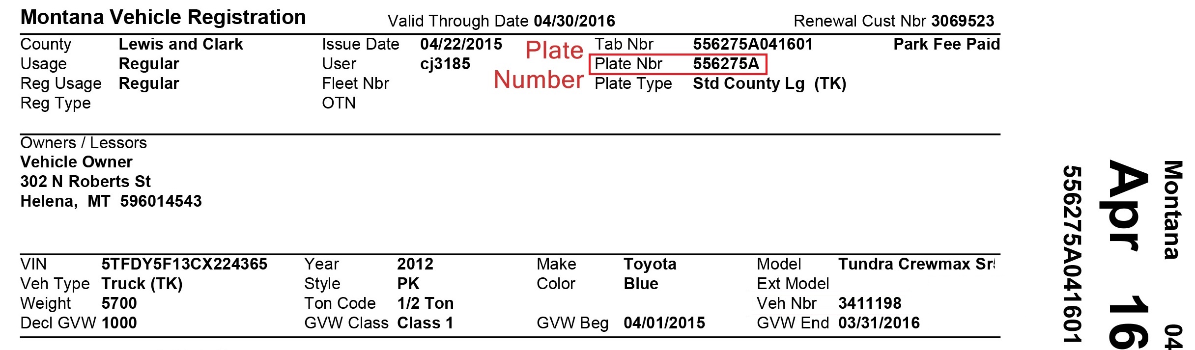 Montana registration card sample