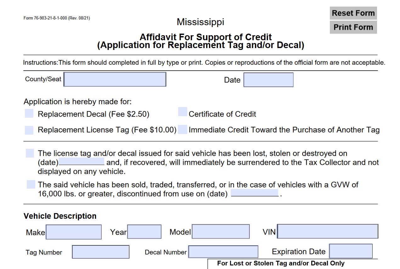 Mississippi replacement tag form