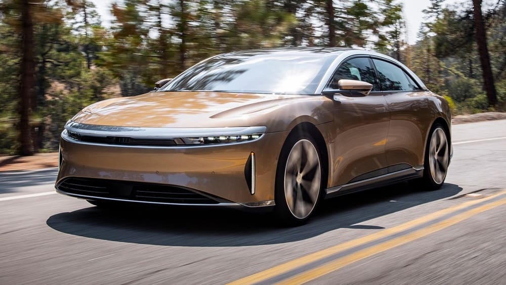 A Eureka Gold 2022 Lucid Air Dream Edition Performance on the road