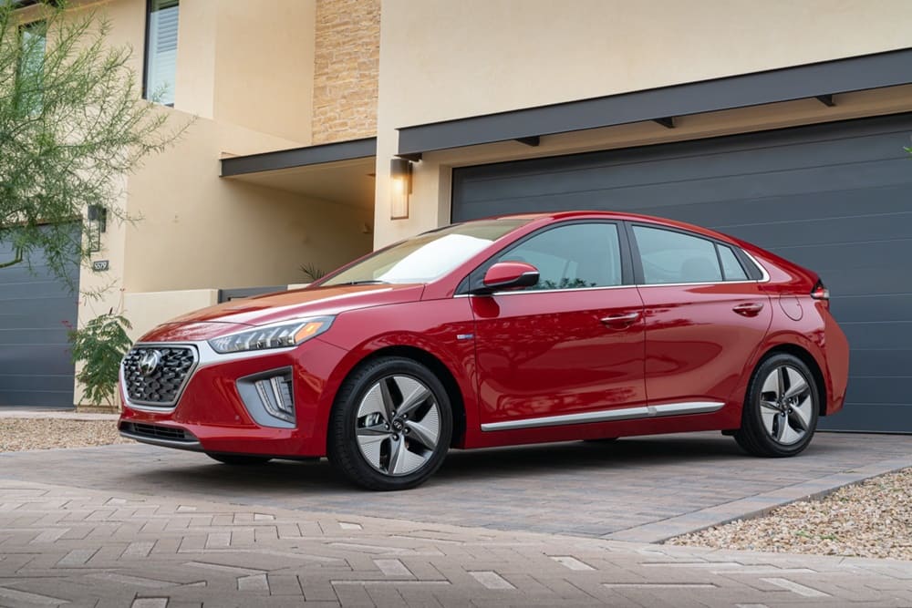 A parked red 2022 Hyundai Ioniq