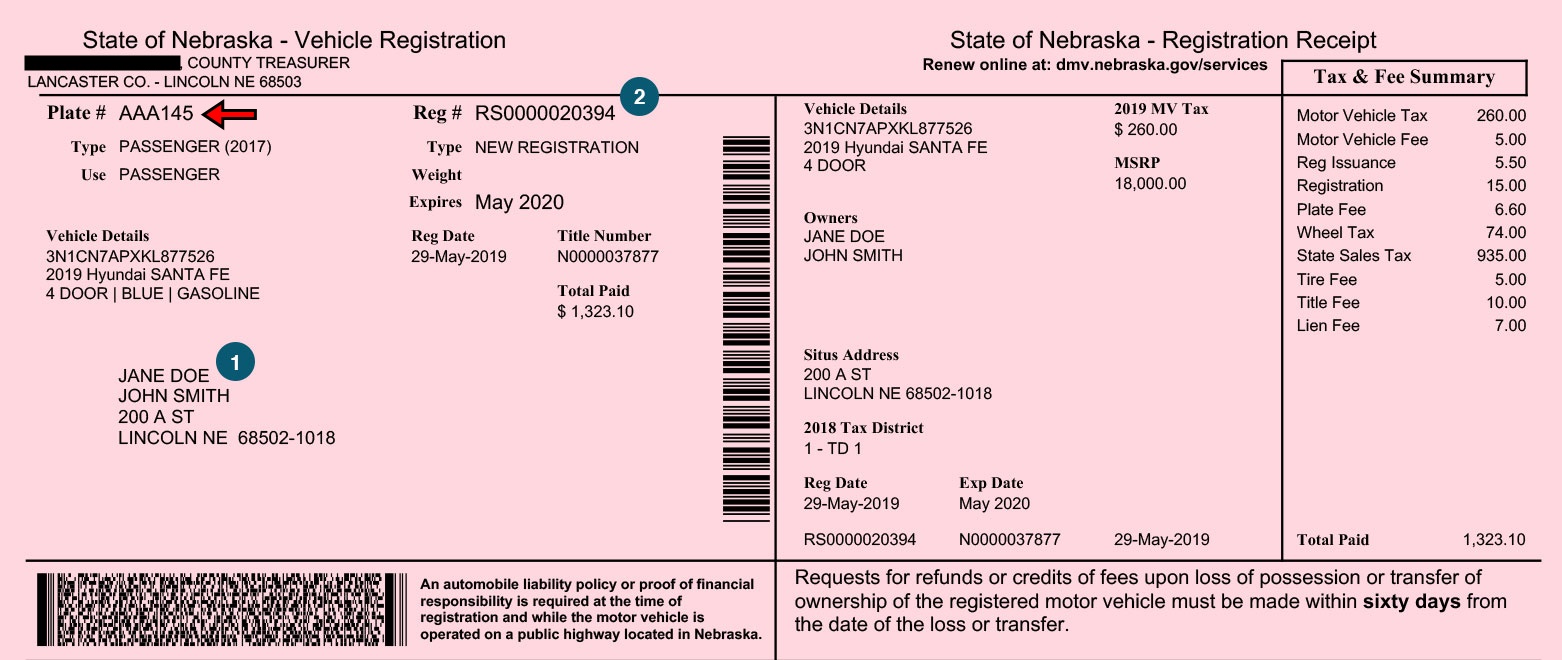 Nebraska Registration Receipt