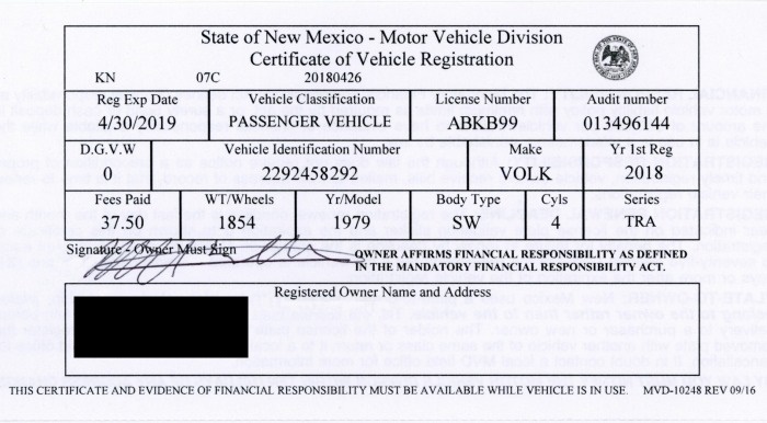 New Mexico certificate of vehicle registration