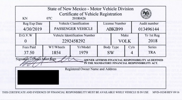 New Mexico certificate of vehicle registration New Mexico certificate of vehicle registration