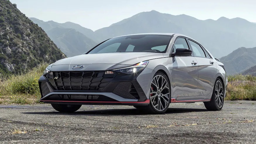 A parked silver 2023 Hyundai Elantra N Line