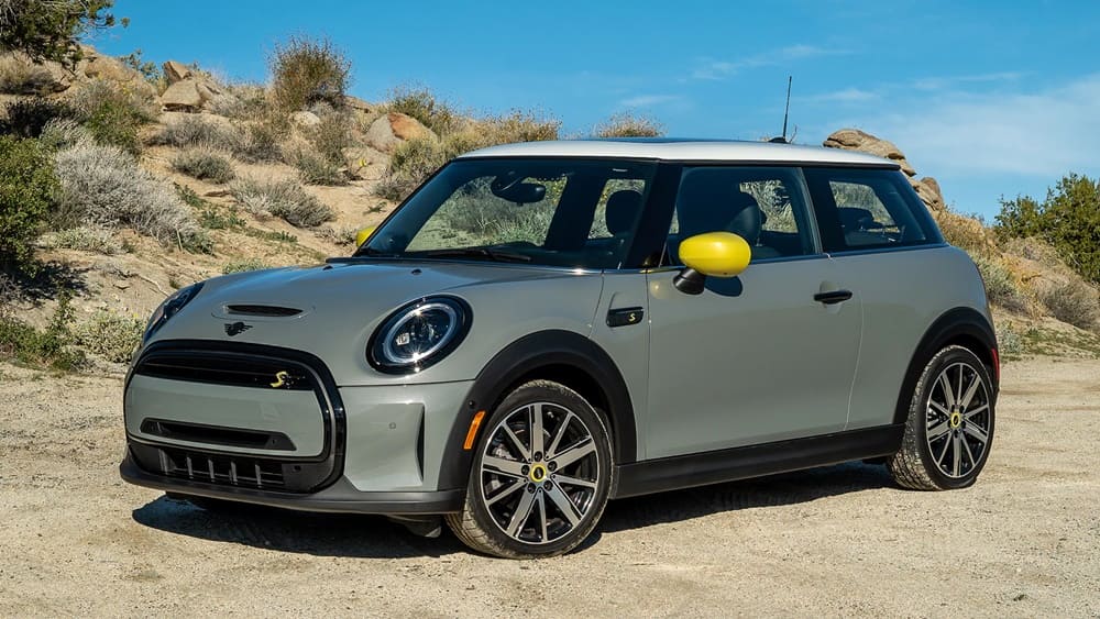 A parked grey-green 2023 Mini Cooper S