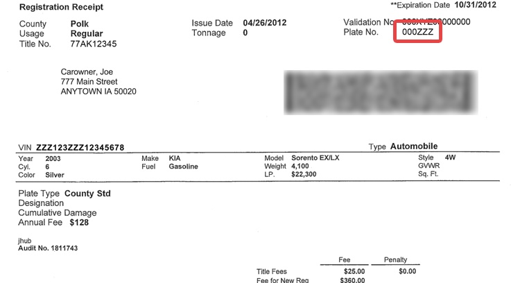 Iowa registration receipt Iowa registration receipt