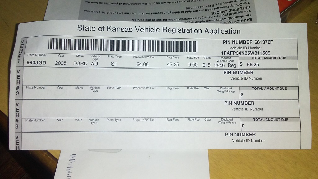 Kansas vehicle registration application receipt