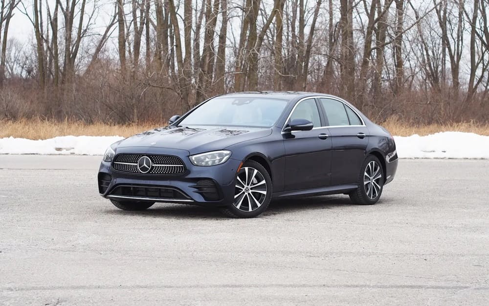 A parked dark blue 2022 Mercedes Benz E-class