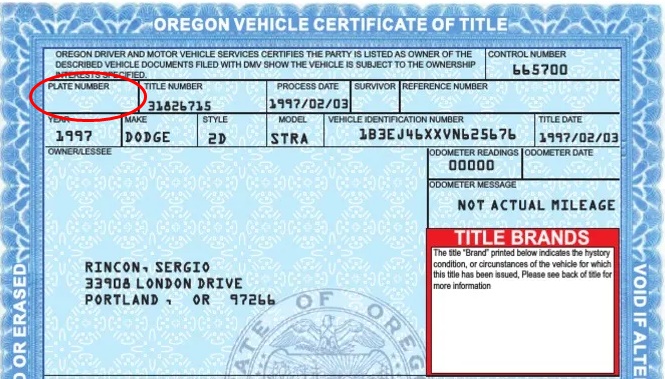 Oregon vehicle certificate of title