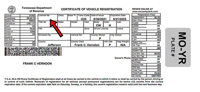 Tennessee certificate of vehicle registration