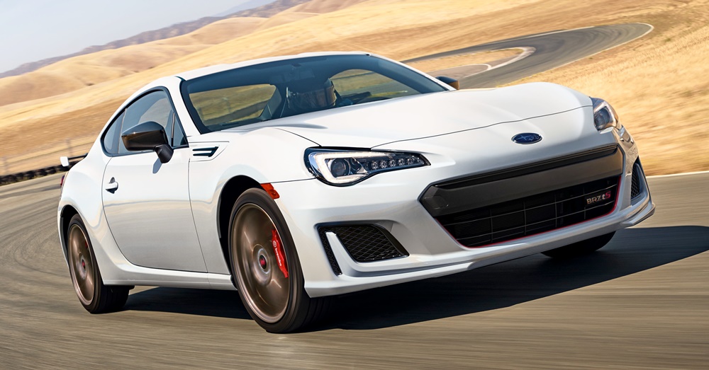 A white 2020 Subaru BRZ on the road