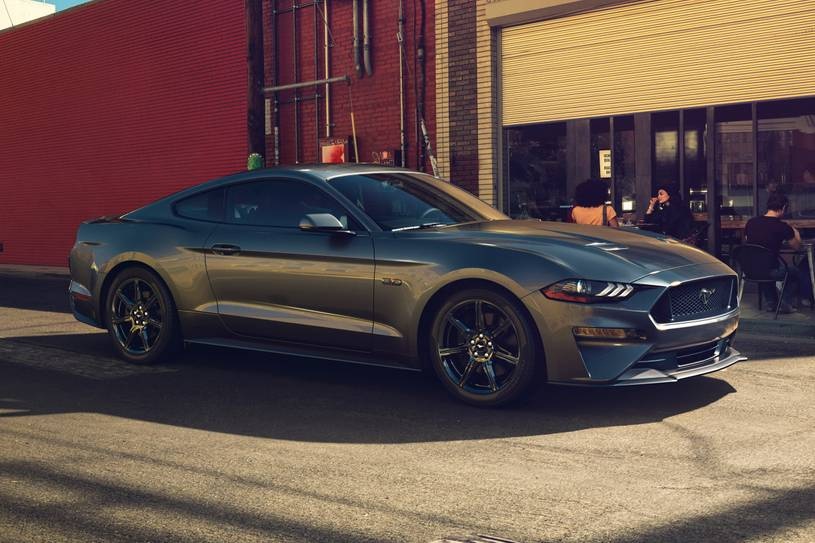 A parked black 2021 Ford Mustang GT