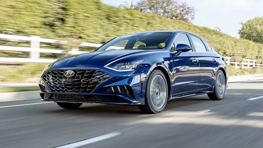 A blue 2020 Hyundai Sonata on the road