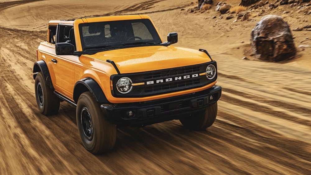 A yellow 2021 Ford Bronco on an off-road trail