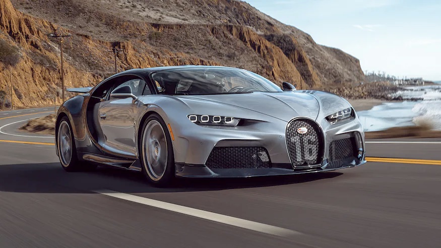 A silver 2022 Bugatti Super Sport on the road