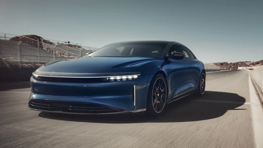 A blue 2023 Lucid Air Sapphire on the road
