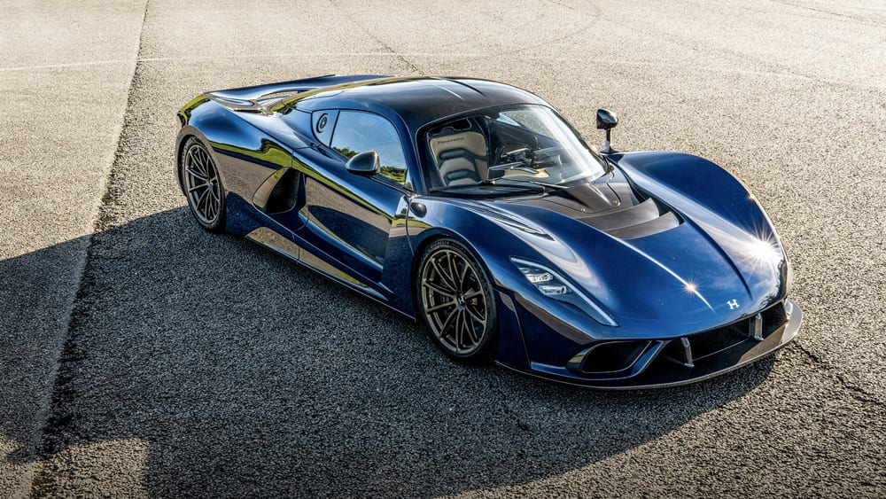 A parked blue Hennessey Venom F5