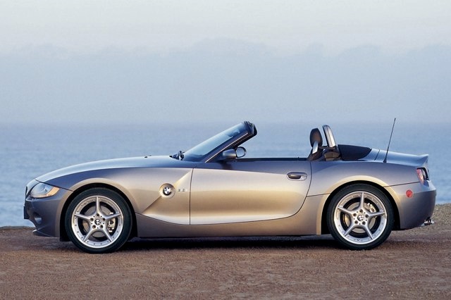 A parked silver 2004 BMW Z4 convertible