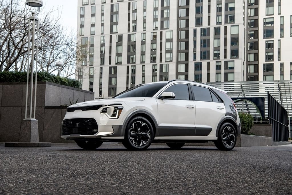 A parked white 2023 Kia Niro