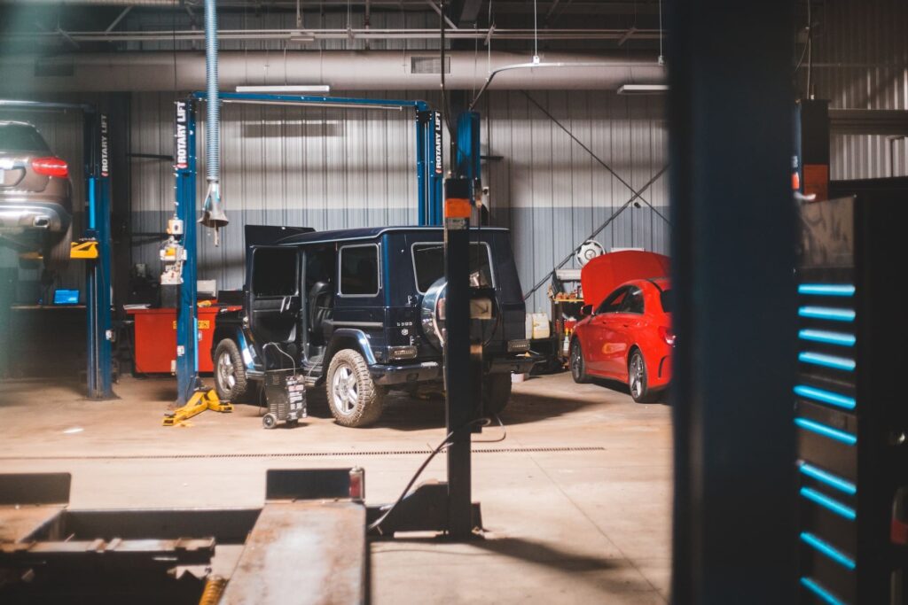 Some vehicles in a garage