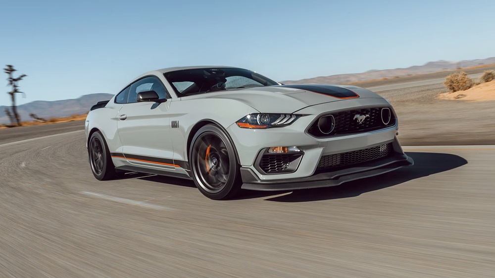 A silver/grey 2023 Ford Mustang Ecoboost on the road