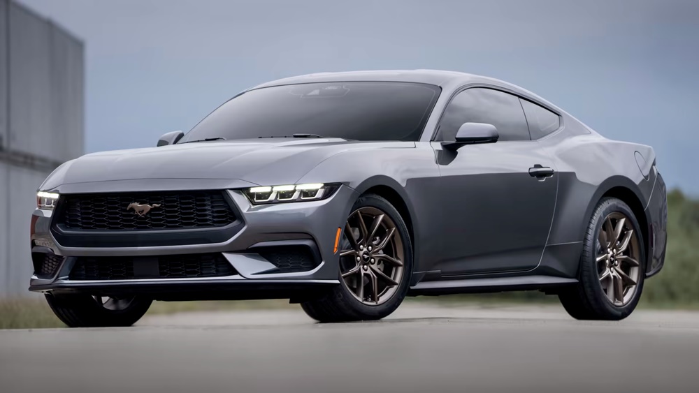 A parked gunmetal grey 2023 Ford Mustang GT