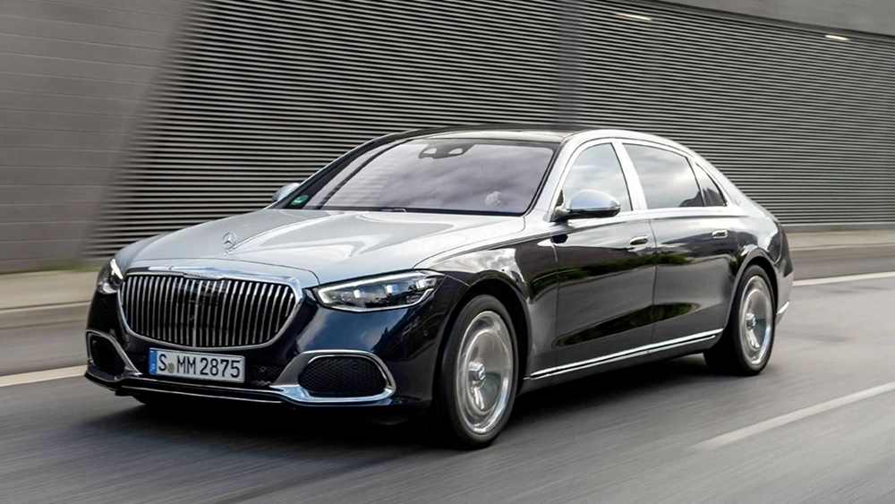 A black 2023 Mercedes-Maybach S680 on the move