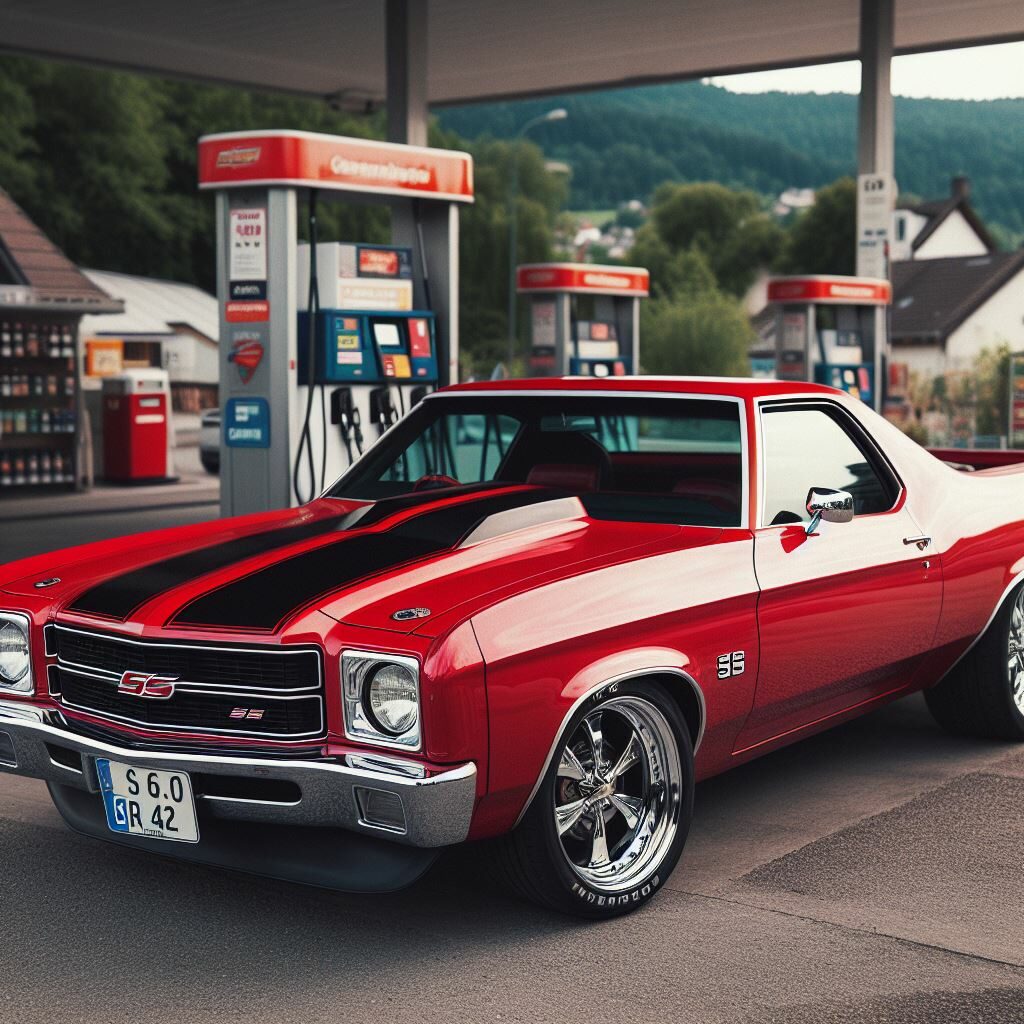 A red Chevrolet El Camino SS at a gas station